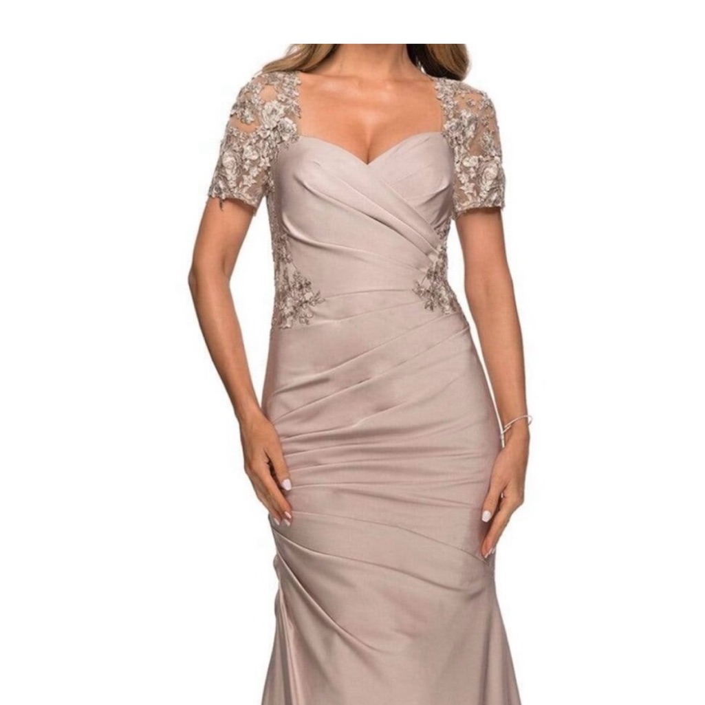 Mother Of The Bride Satin Lace-Short Sleeve And Back Evening Dress